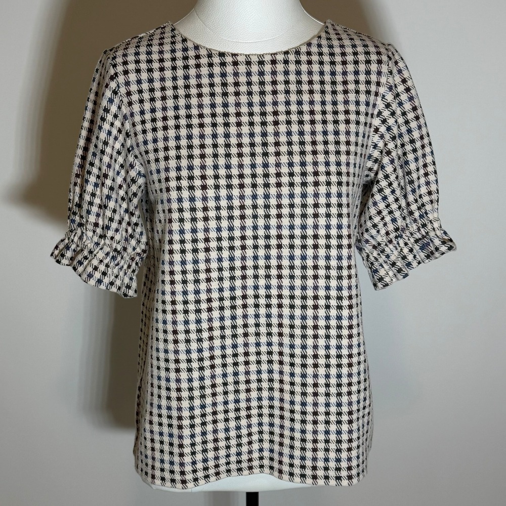 Ann Taylor Houndstooth Plaid Puff Sleeve Blouse Womens Size Medium Career Preppy